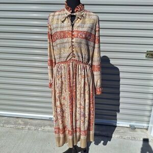 Sandy Gray Vintage Boho Cottage Floral Pintuck Blouson Peasant Dress Long Sleeve